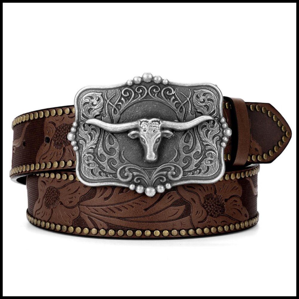 Western Leather Belt Detachable Buckle Cowboy Style Adjustable Jeans